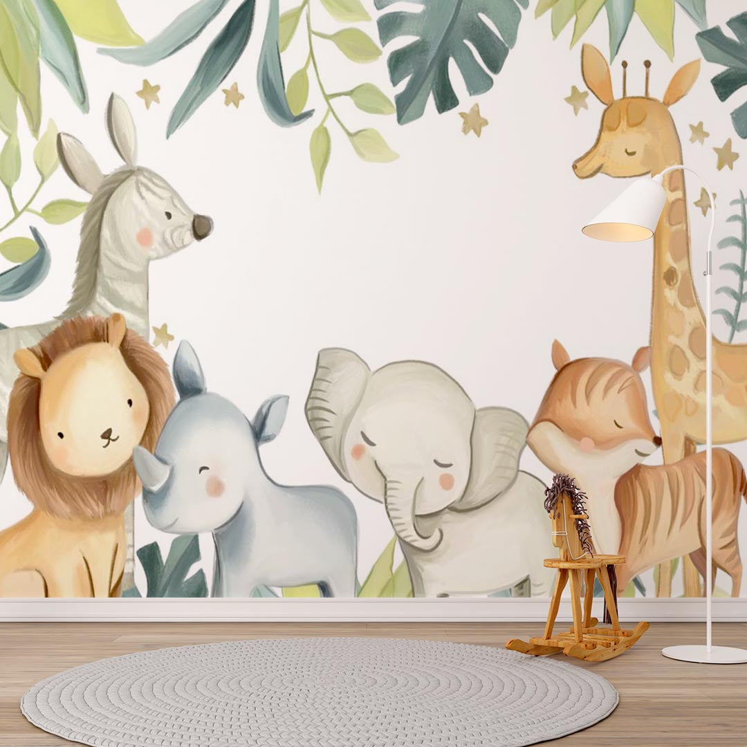 Kids Wall Mural Cartoon Safari Animals Nursery Wallpaper for Kids Room