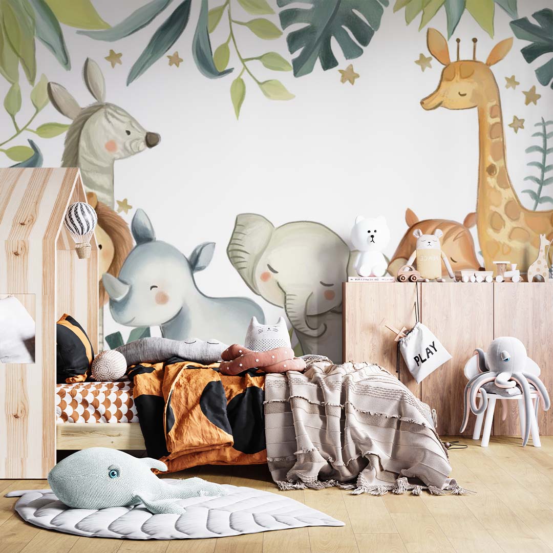 Kids Wall Mural Cartoon Safari Animals Nursery Wallpaper for Kids Room