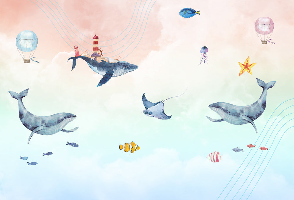 Kids Wall Mural Fairy Whale in Clouds Sky Ocean Minimal Design Nursery Wallpaper