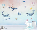 Kids Wall Mural Fairy Whale in Clouds Sky Ocean Minimal Design Nursery Wallpaper