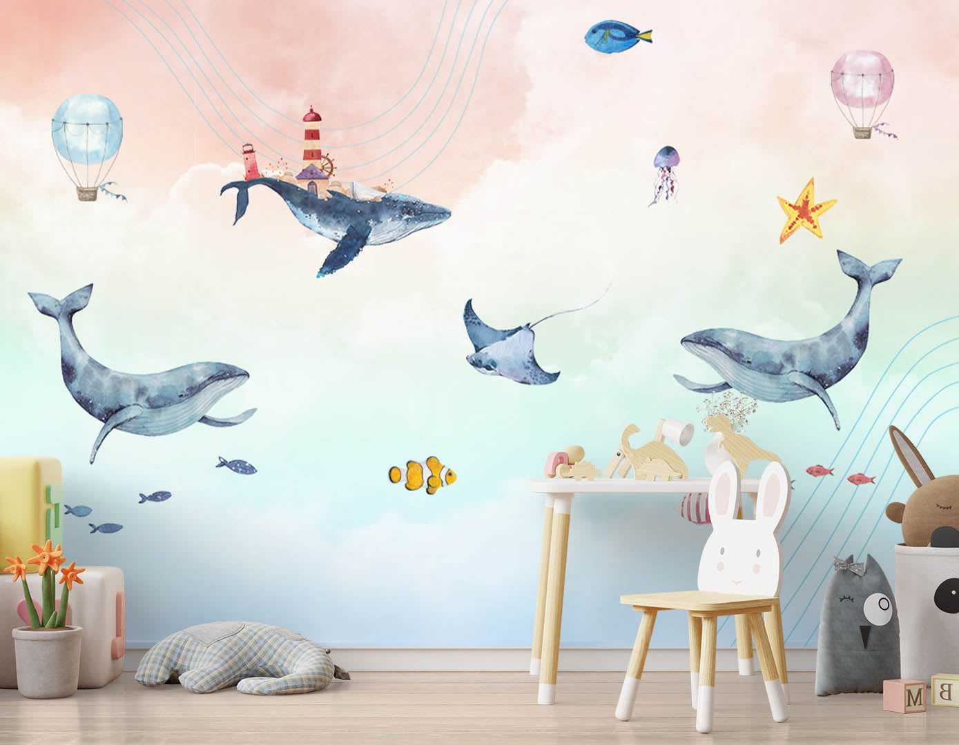 Kids Wall Mural Fairy Whale in Clouds Sky Ocean Minimal Design Nursery Wallpaper