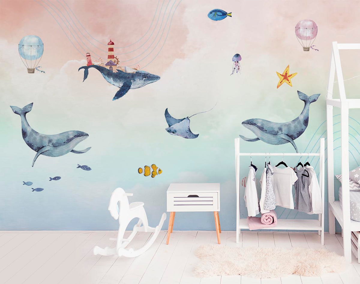 Kids Wall Mural Fairy Whale in Clouds Sky Ocean Minimal Design Nursery Wallpaper