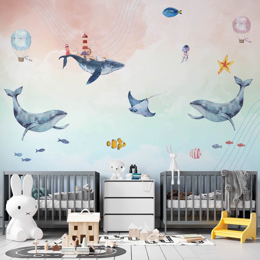 Kids Wall Mural Fairy Whale in Clouds Sky Ocean Minimal Design Nursery Wallpaper