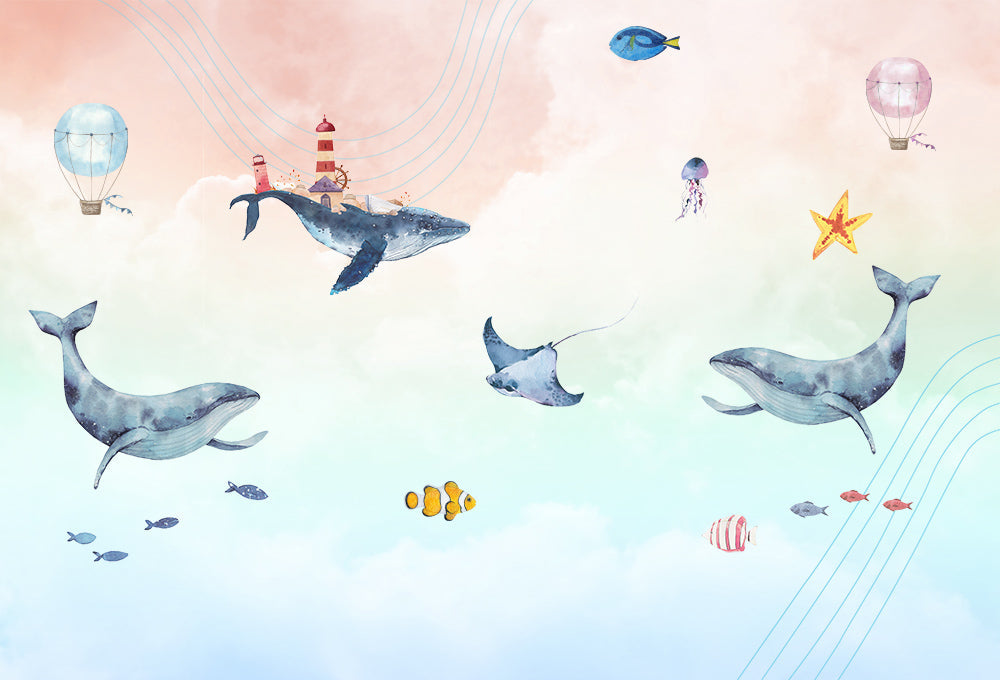 Papier peint baleines du ciel pastel – Papier peint panoramique océan à l’aquarelle pour chambre de bébé
