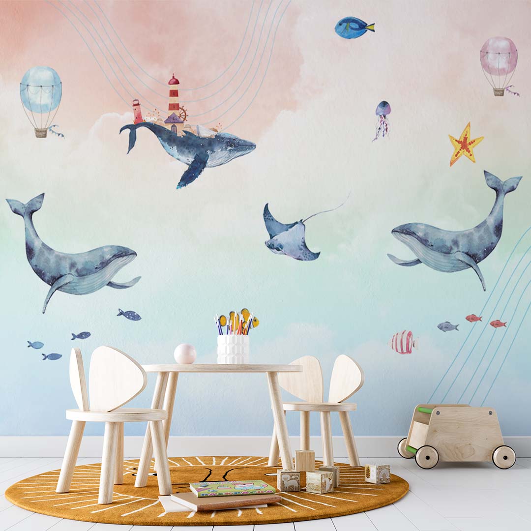 Kids Wall Mural Fairy Whale in Clouds Sky Ocean Minimal Design Nursery Wallpaper