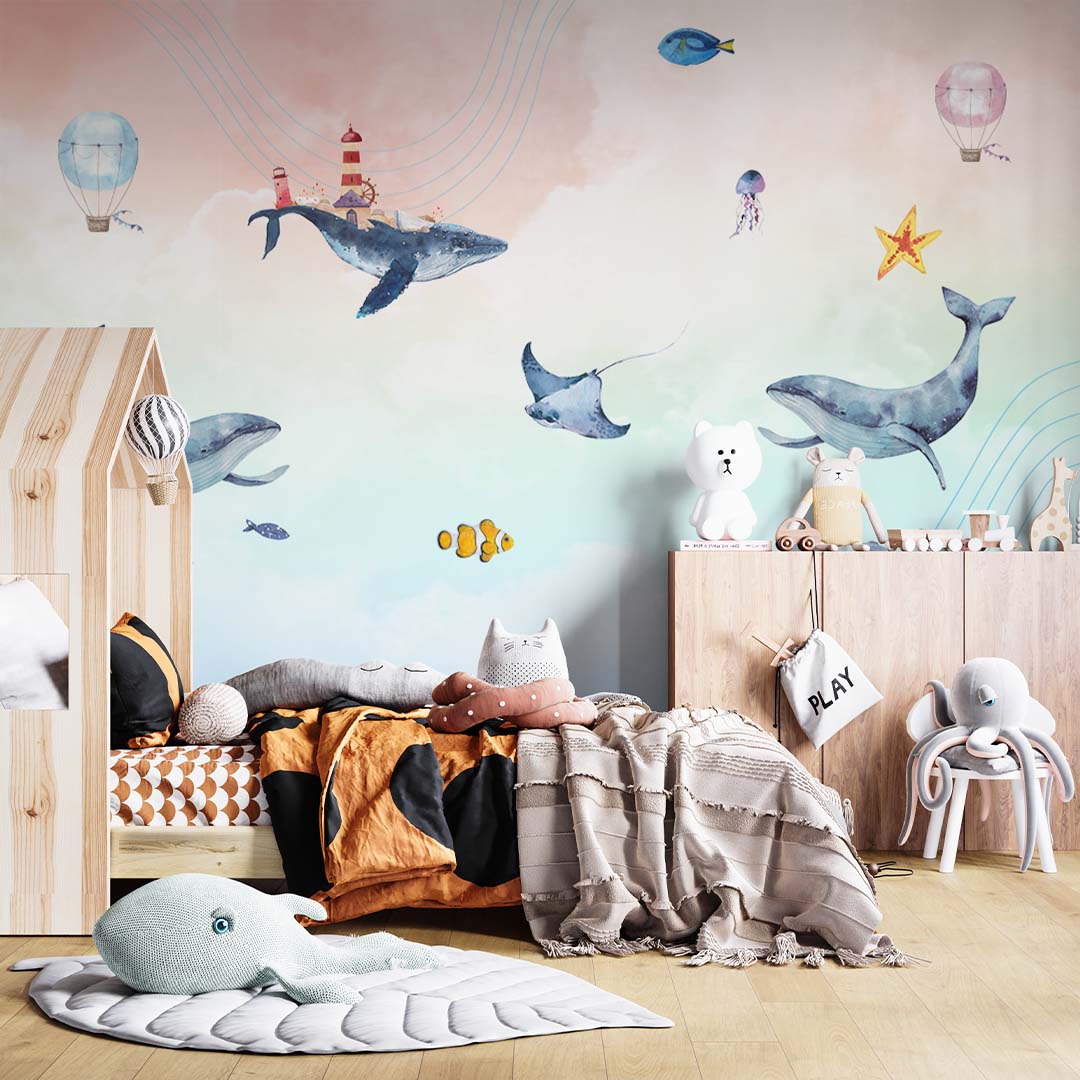 Kids Wall Mural Fairy Whale in Clouds Sky Ocean Minimal Design Nursery Wallpaper