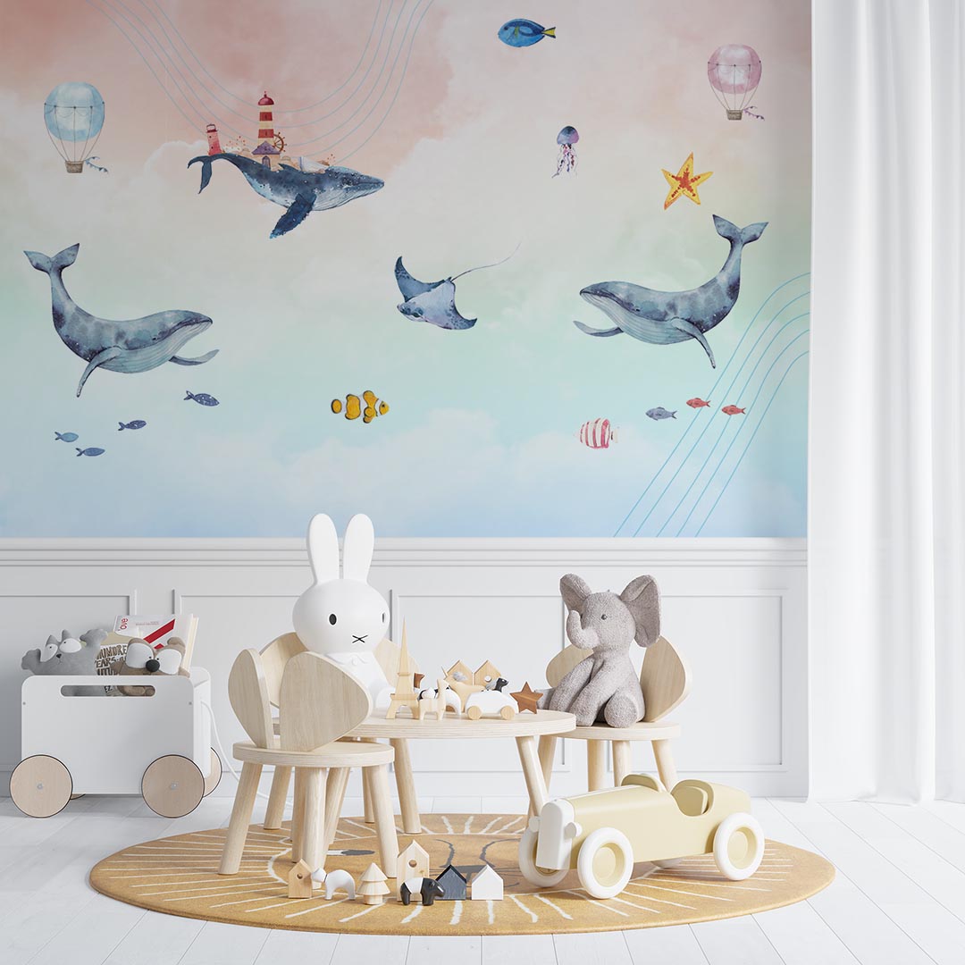 Kids Wall Mural Fairy Whale in Clouds Sky Ocean Minimal Design Nursery Wallpaper