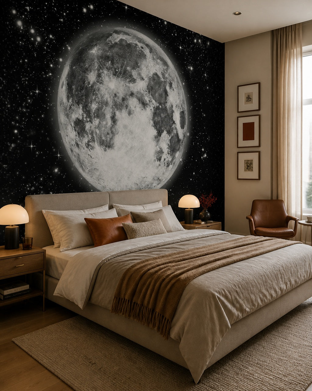 Giant full moon wallpaper in a designer bedroom.