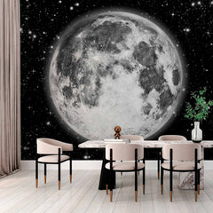 Custom Detailed Full Moon Wall Mural Wallpaper - Monochrome Night Sky with Stars