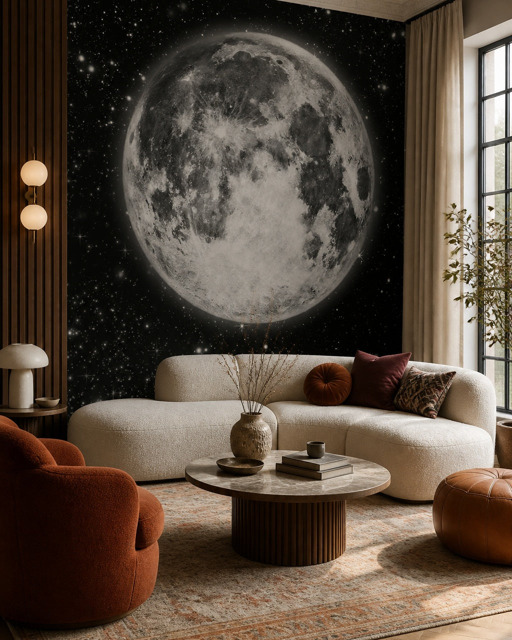 Giant full moon wallpaper in a designer living room.