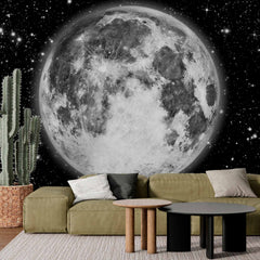 Custom Detailed Full Moon Wall Mural Wallpaper - Monochrome Night Sky with Stars