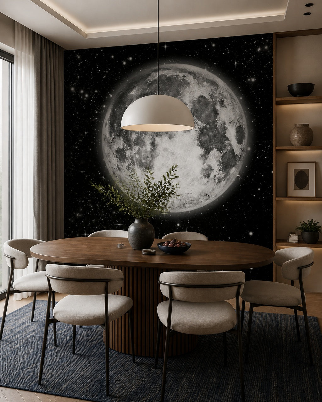Giant full moon wallpaper in a refined dining area.