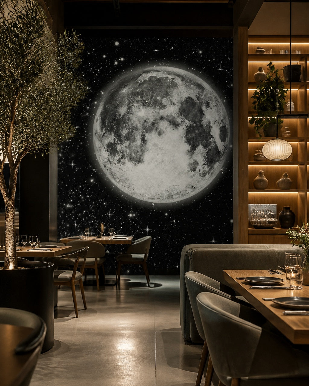 Giant full moon wallpaper in a restaurant.