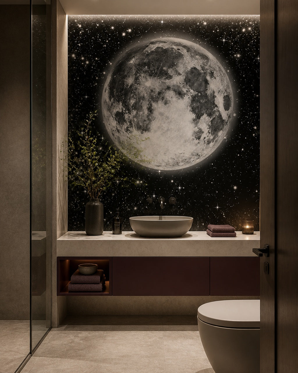 Giant full moon wallpaper in an elegant powder room.