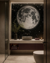 Giant full moon wallpaper in an elegant powder room.