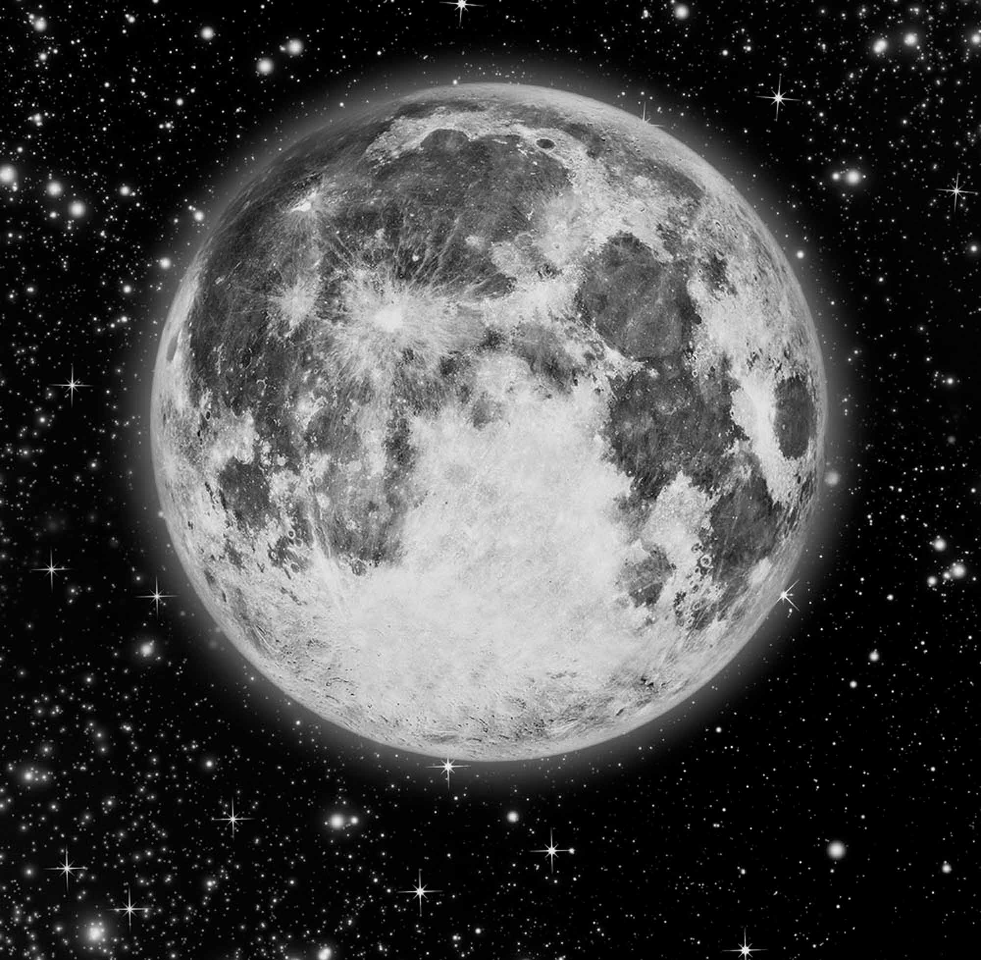 Detailed Full Moon Wall Mural Wallpaper - Monochrome Night Sky with Stars