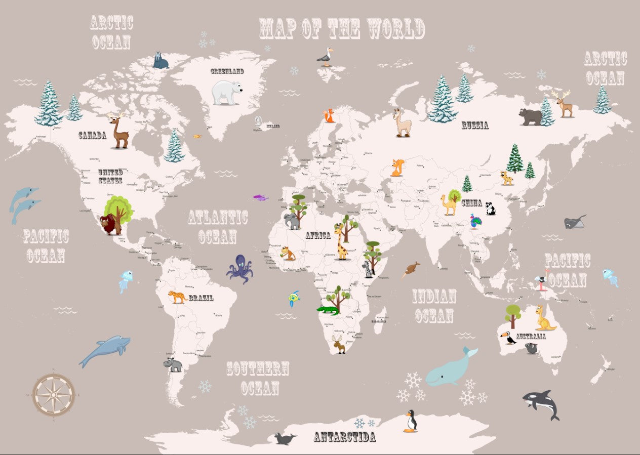 Cartoon Kids World Map with Animals Wall Mural Globe Wallpaper for Kids