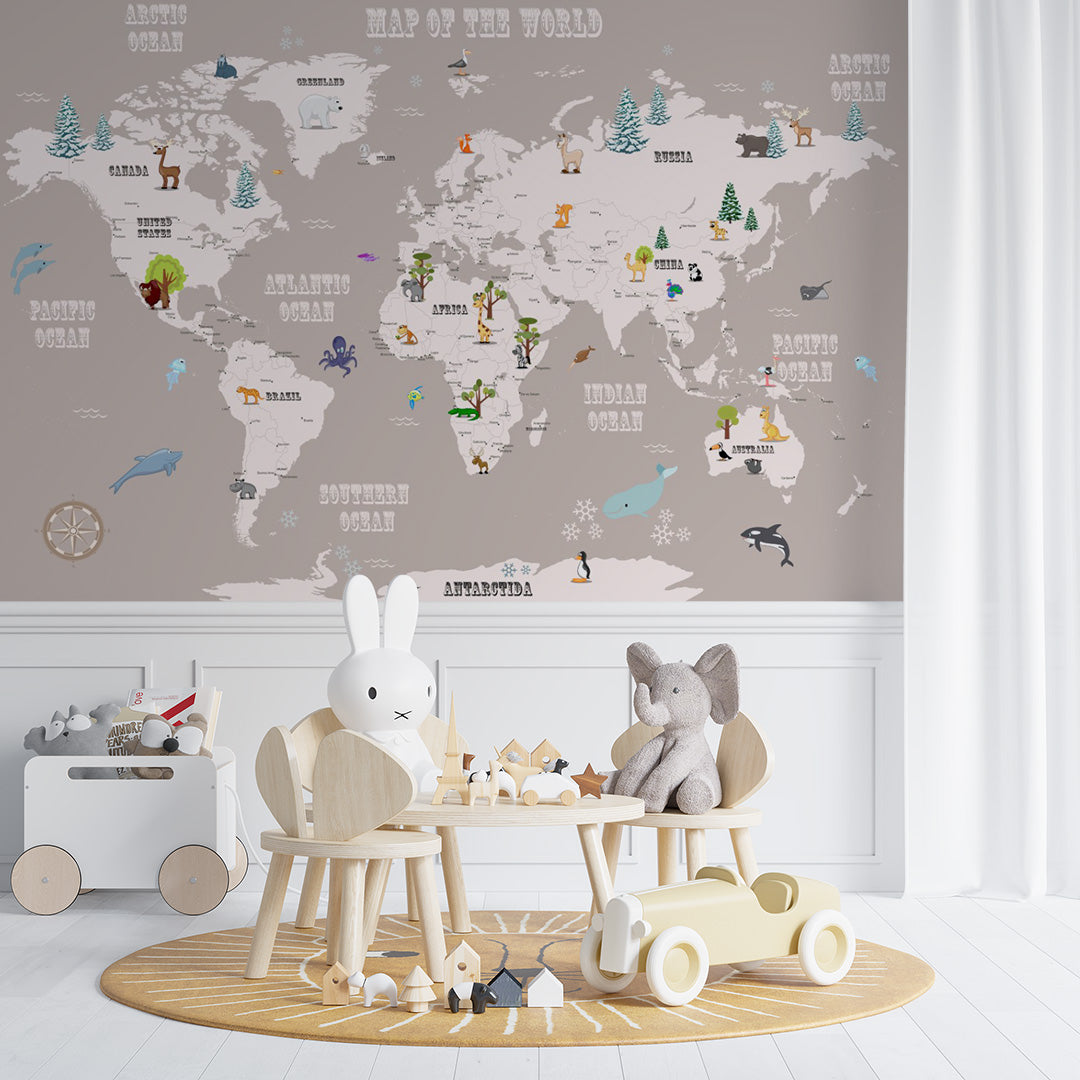 Cartoon Kids World Map with Animals Wall Mural Globe Wallpaper for Kids