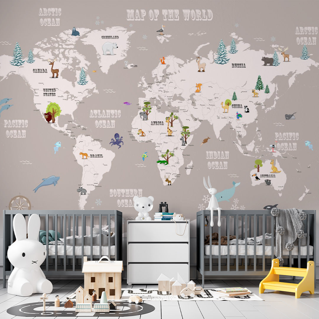 Cartoon Kids World Map with Animals Wall Mural Globe Wallpaper for Kids