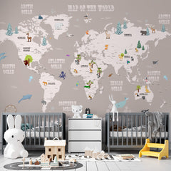 Custom Cartoon Kids World Map with Animals Wall Mural Globe Wallpaper for Kids