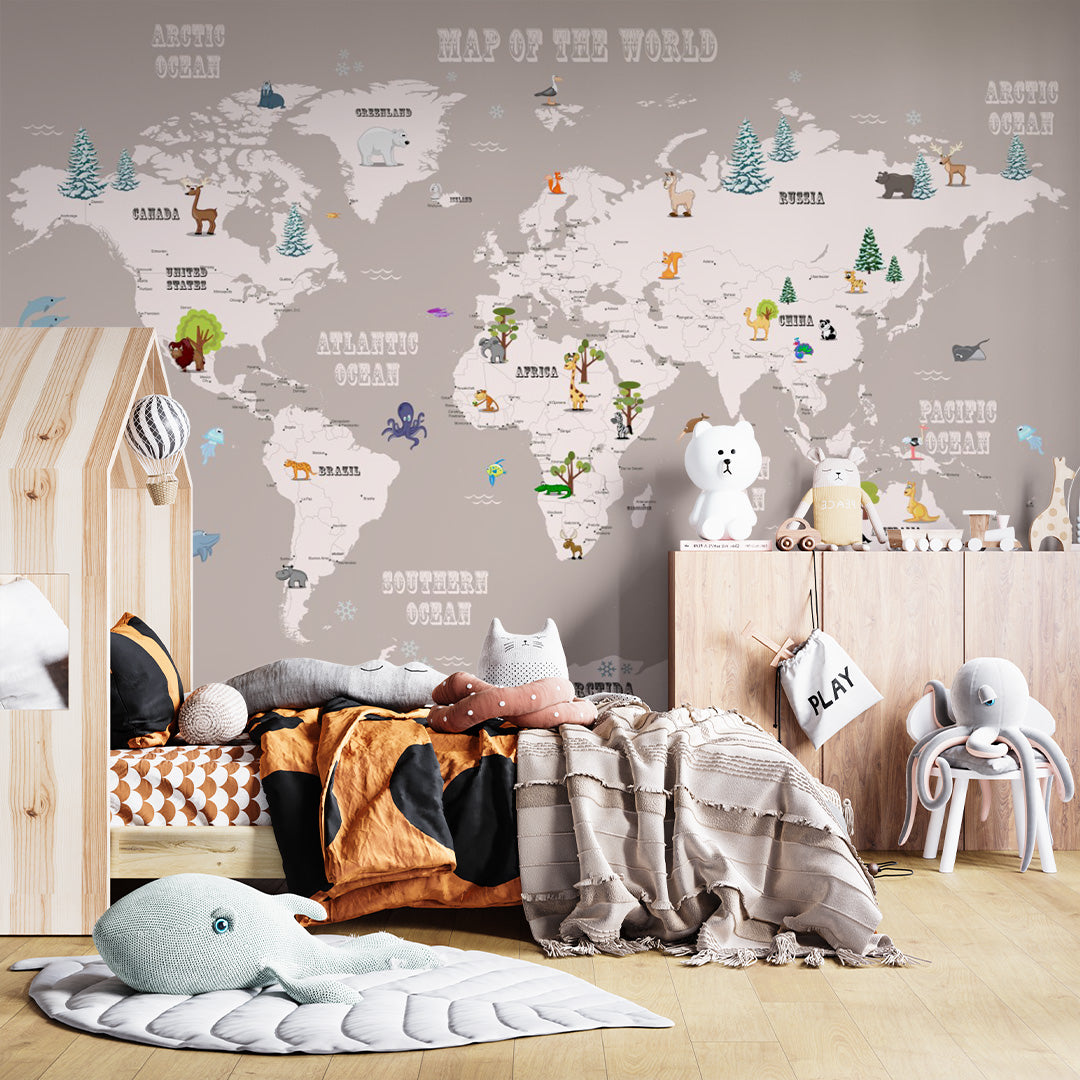 Cartoon Kids World Map with Animals Wall Mural Globe Wallpaper for Kids