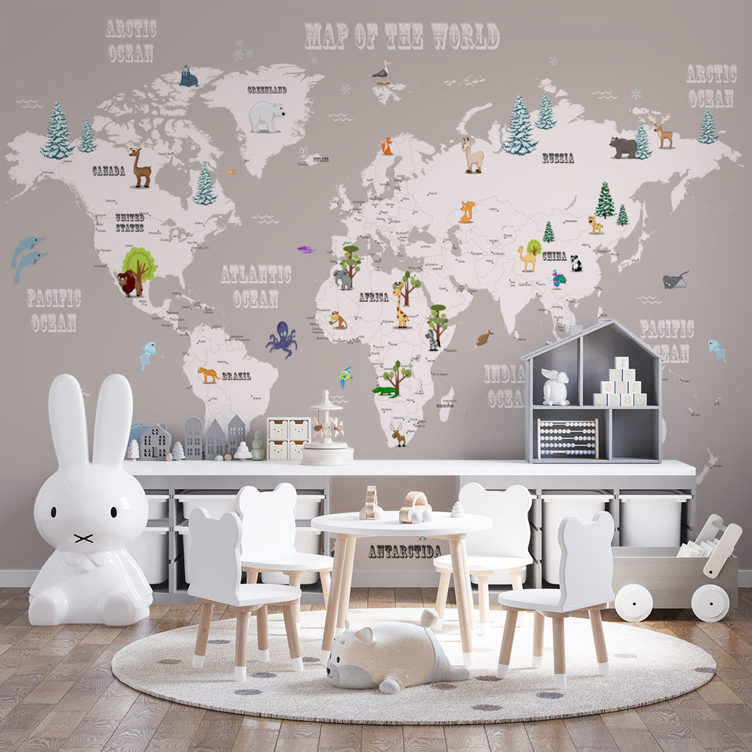 Cartoon Kids World Map with Animals Wall Mural Globe Wallpaper for Kids