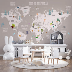 Custom Cartoon Kids World Map with Animals Wall Mural Globe Wallpaper for Kids