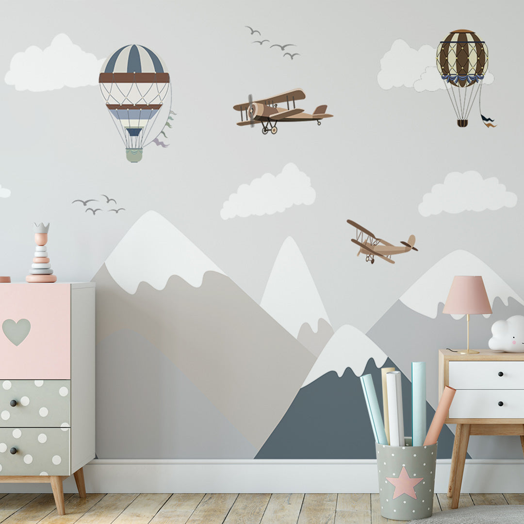 Kids Wall Murals Vintage Airplane Mountains Simple Wallpaper for Kids