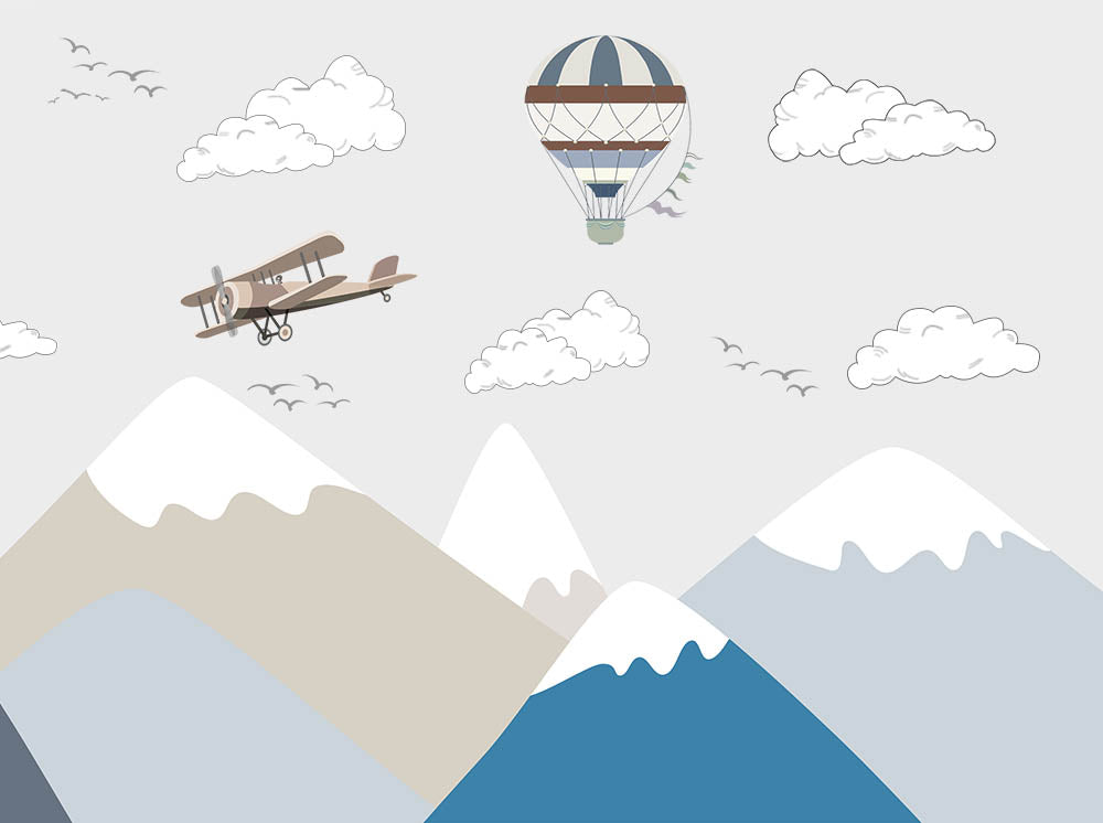Vintage vlucht boven besneeuwde bergen behang