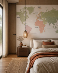 Pastel continents world map wallpaper in a designer bedroom.