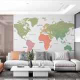 Color-Coded World Map Wall Mural Wallpaper with Pastel Shades and Continent Labels