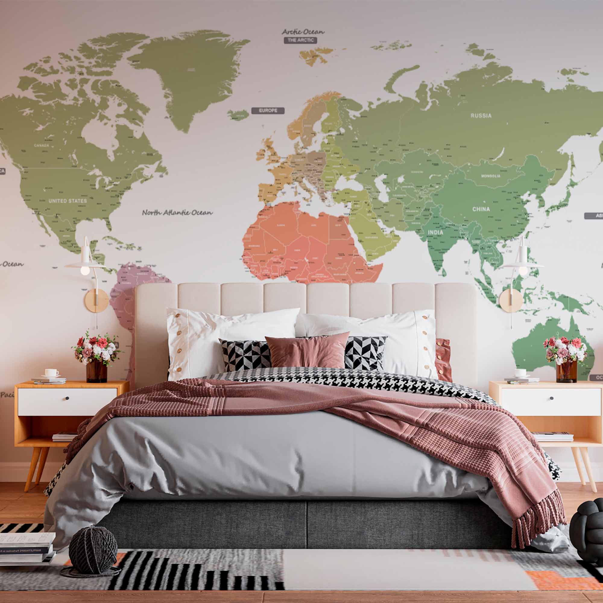 Color-Coded World Map Wall Mural Wallpaper with Pastel Shades and Continent Labels