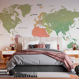 Color-Coded World Map Wall Mural Wallpaper with Pastel Shades and Continent Labels