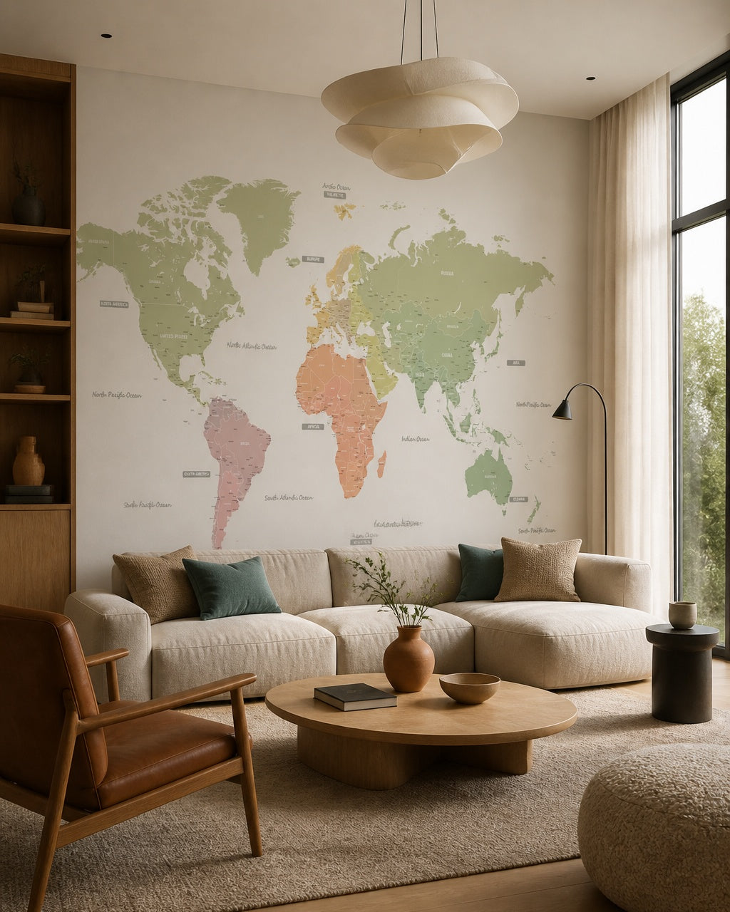 Pastel continents world map wallpaper in a designer living room.