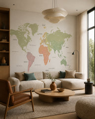 Pastel continents world map wallpaper in a designer living room.