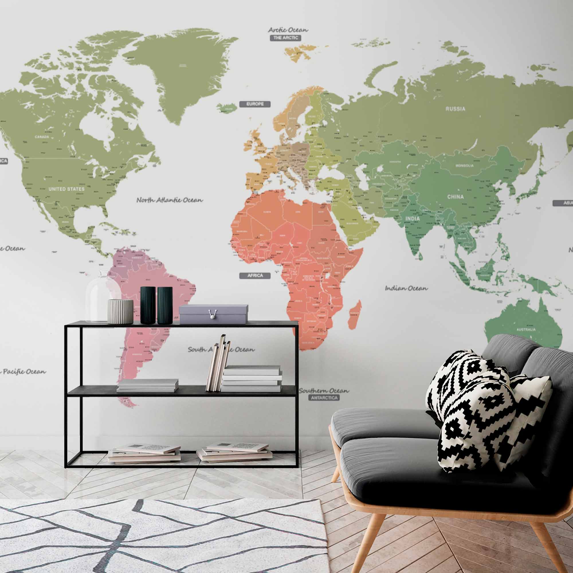 Color-Coded World Map Wall Mural Wallpaper with Pastel Shades and Continent Labels