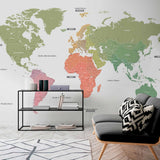 Color-Coded World Map Wall Mural Wallpaper with Pastel Shades and Continent Labels