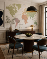 Pastel continents world map wallpaper in a refined dining area.