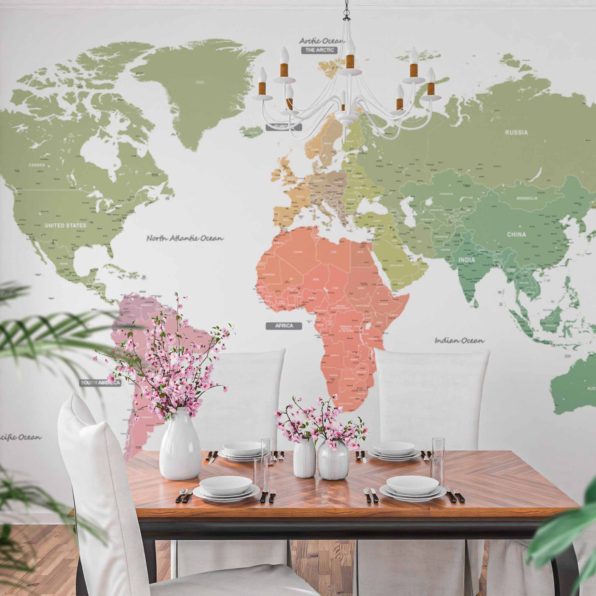 Color-Coded World Map Wall Mural Wallpaper with Pastel Shades and Continent Labels