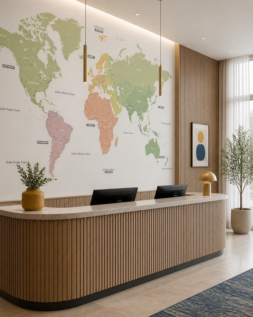 Pastel continents world map wallpaper at a hotel reception desk.