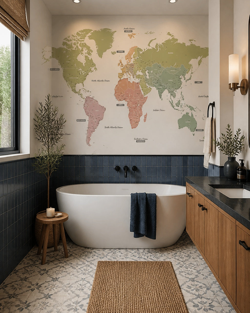 Pastel continents world map wallpaper in a luxury bathroom.