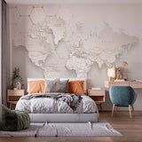 Modern 3D World Map Wall Mural Wallpaper with Hexagonal Pattern and Soft Tones