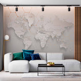 Modern 3D World Map Wall Mural Wallpaper with Hexagonal Pattern and Soft Tones