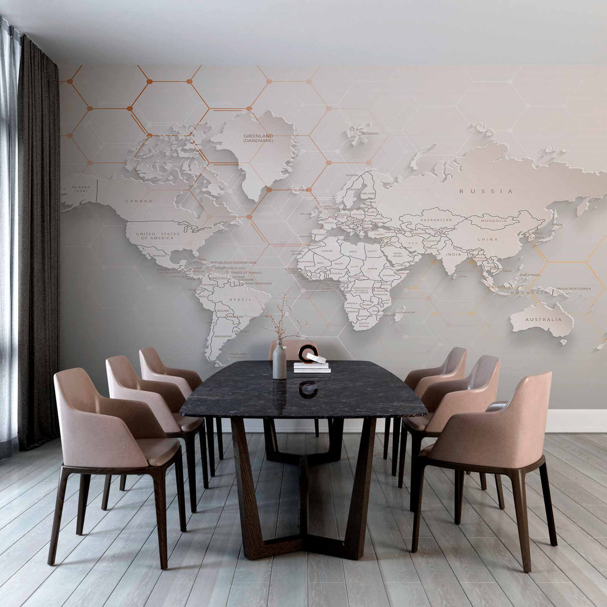 Custom Modern 3D World Map Wall Mural Wallpaper with Hexagonal Pattern and Soft Tones