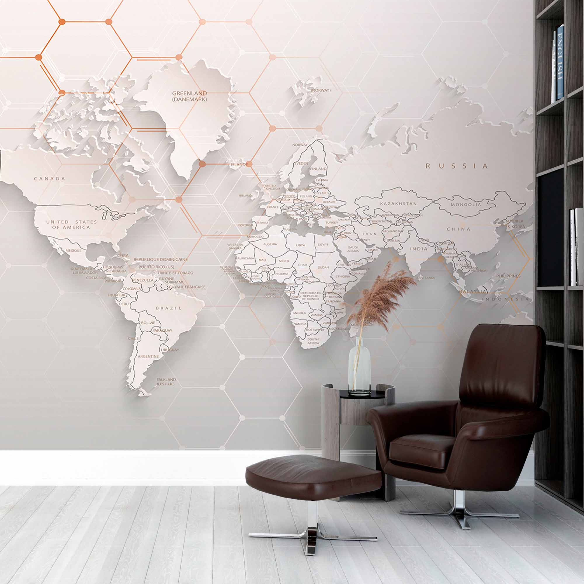 Modern 3D World Map Wall Mural Wallpaper with Hexagonal Pattern and Soft Tones