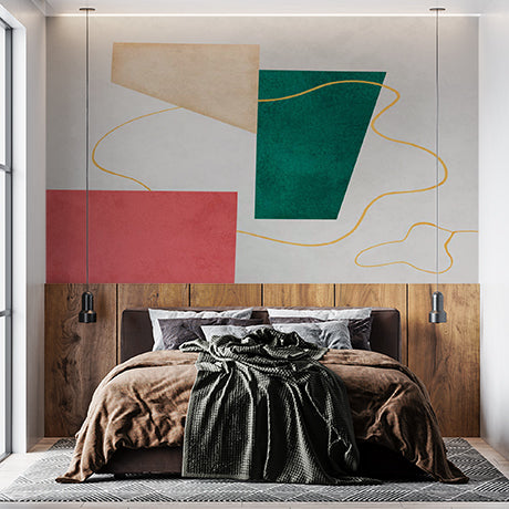 Abstract Art Wallpaper with Bold Color Blocks and Gold Lines