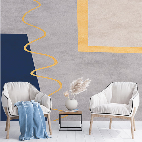 Contemporary Geometric Wallpaper with Blue and Gold Accents on Gray Background