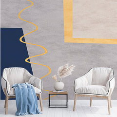 Custom Contemporary Geometric Wallpaper with Blue and Gold Accents on Gray Background