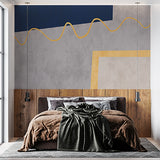 Contemporary Geometric Wallpaper with Blue and Gold Accents on Gray Background