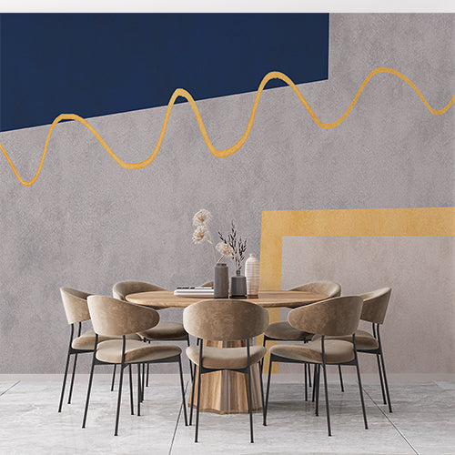 Contemporary Geometric Wallpaper with Blue and Gold Accents on Gray Background